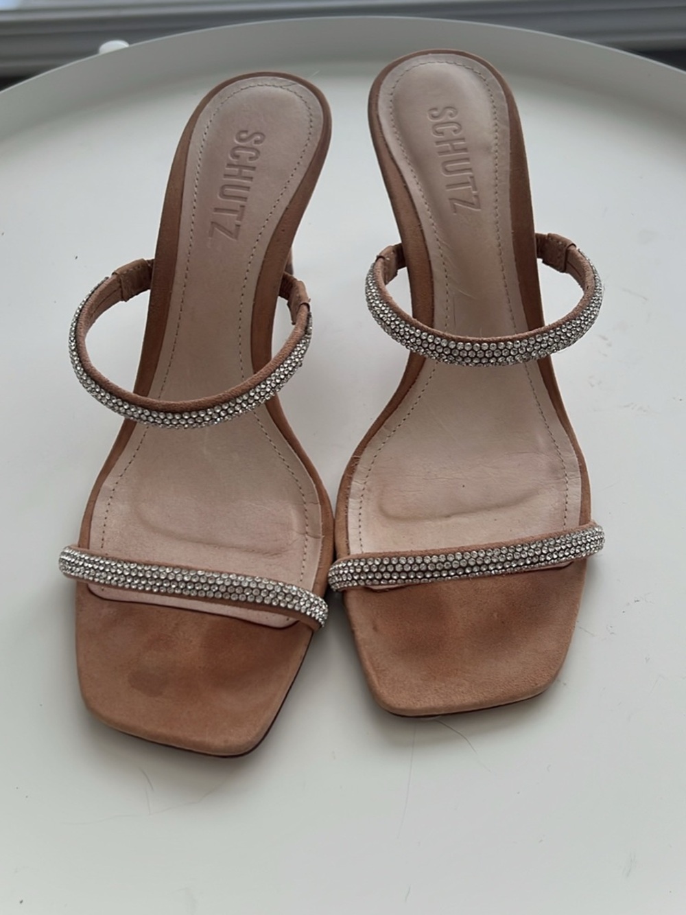 SCHUTZ Tan Suede Crystal-Embellished Slide Heels
